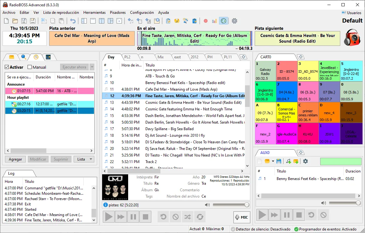 Interfaz de RadioBOSS para automatización de emisoras