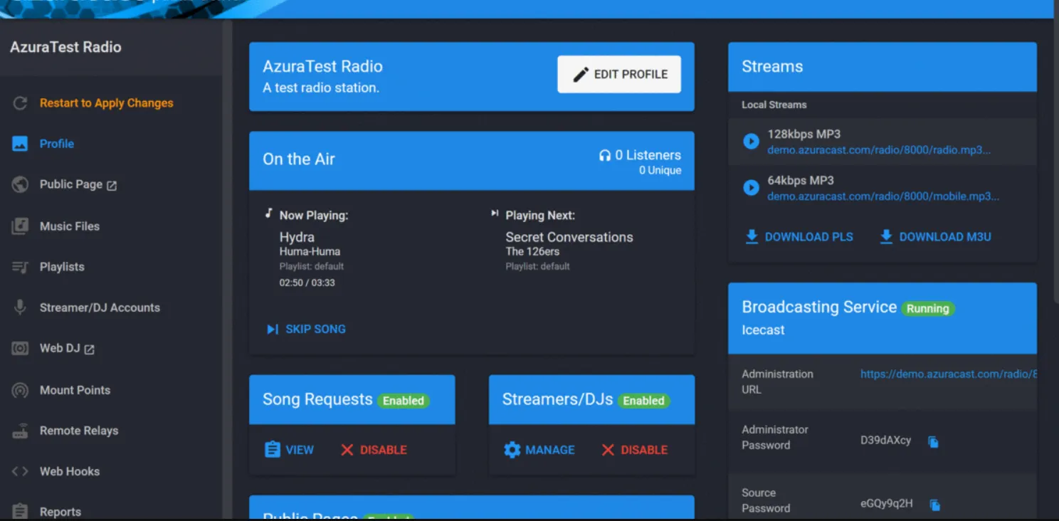 Panel de automatización de radio de AzuraCast