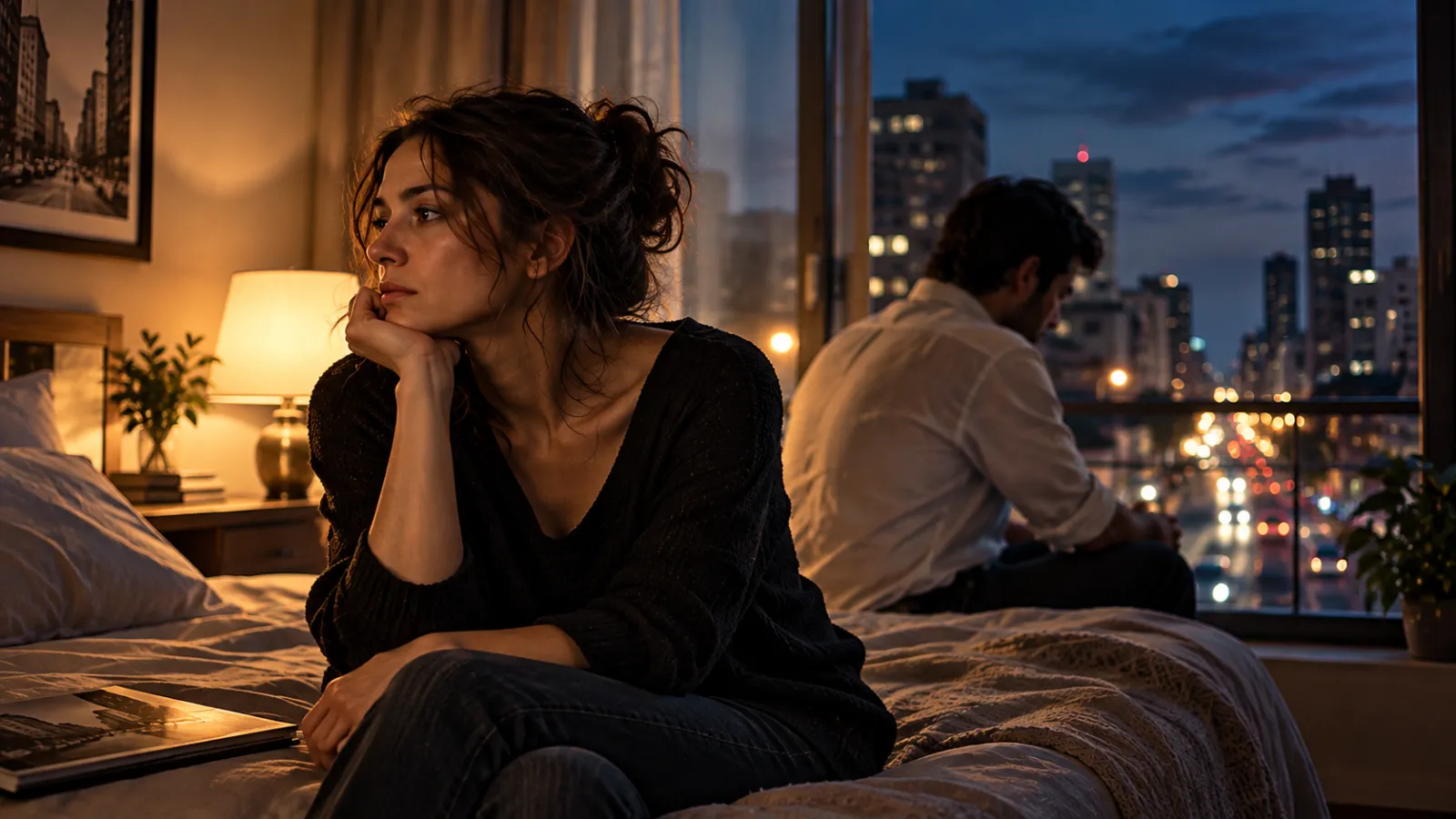 Una pareja permanece distanciada y en silencio dentro de una habitación, con una ciudad iluminada de noche al fondo, inspirada en Cruz de navajas de Mecano.