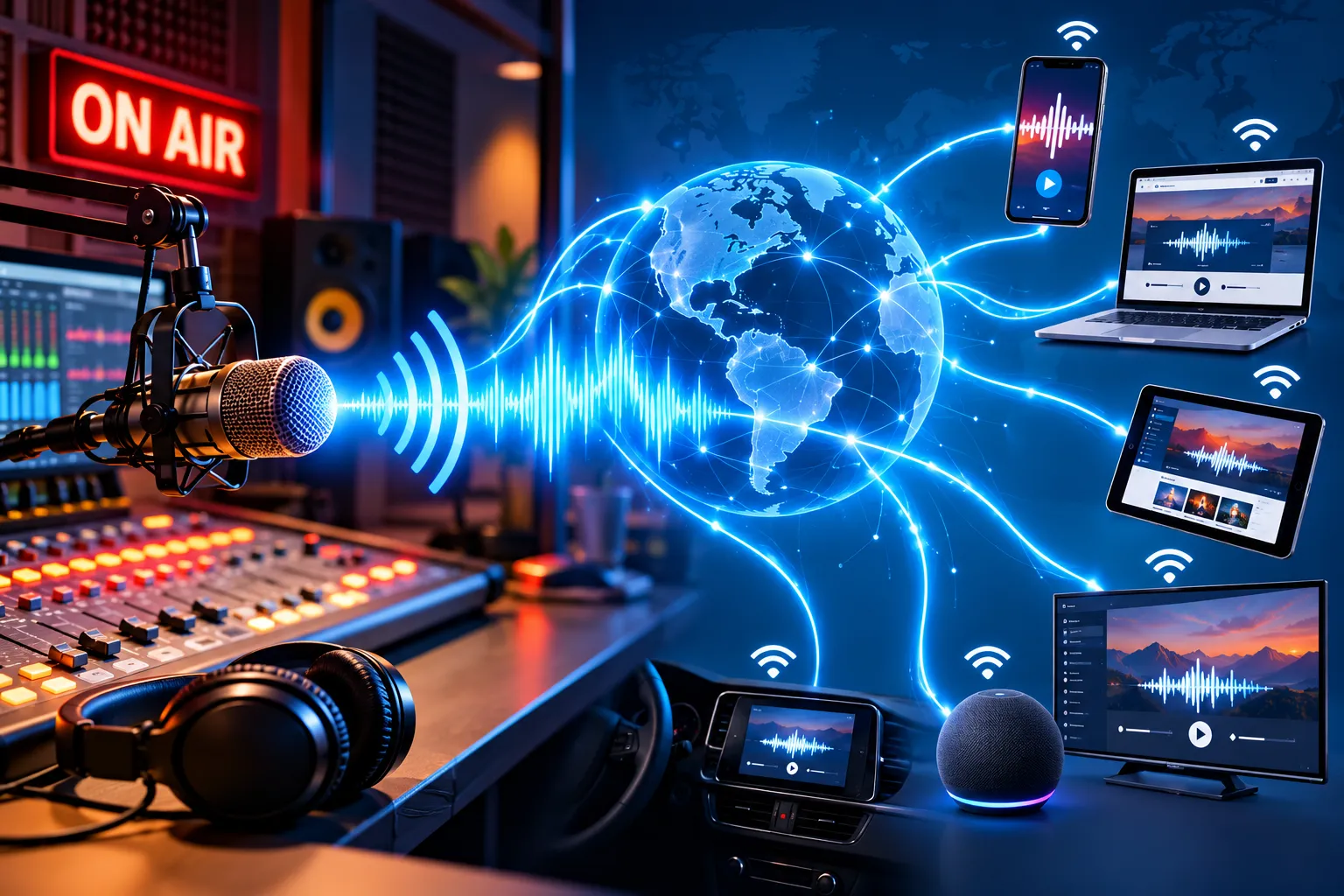 onda de audio saliendo de un estudio de radio hacia teléfonos, computadoras y otros dispositivos conectados a Internet.