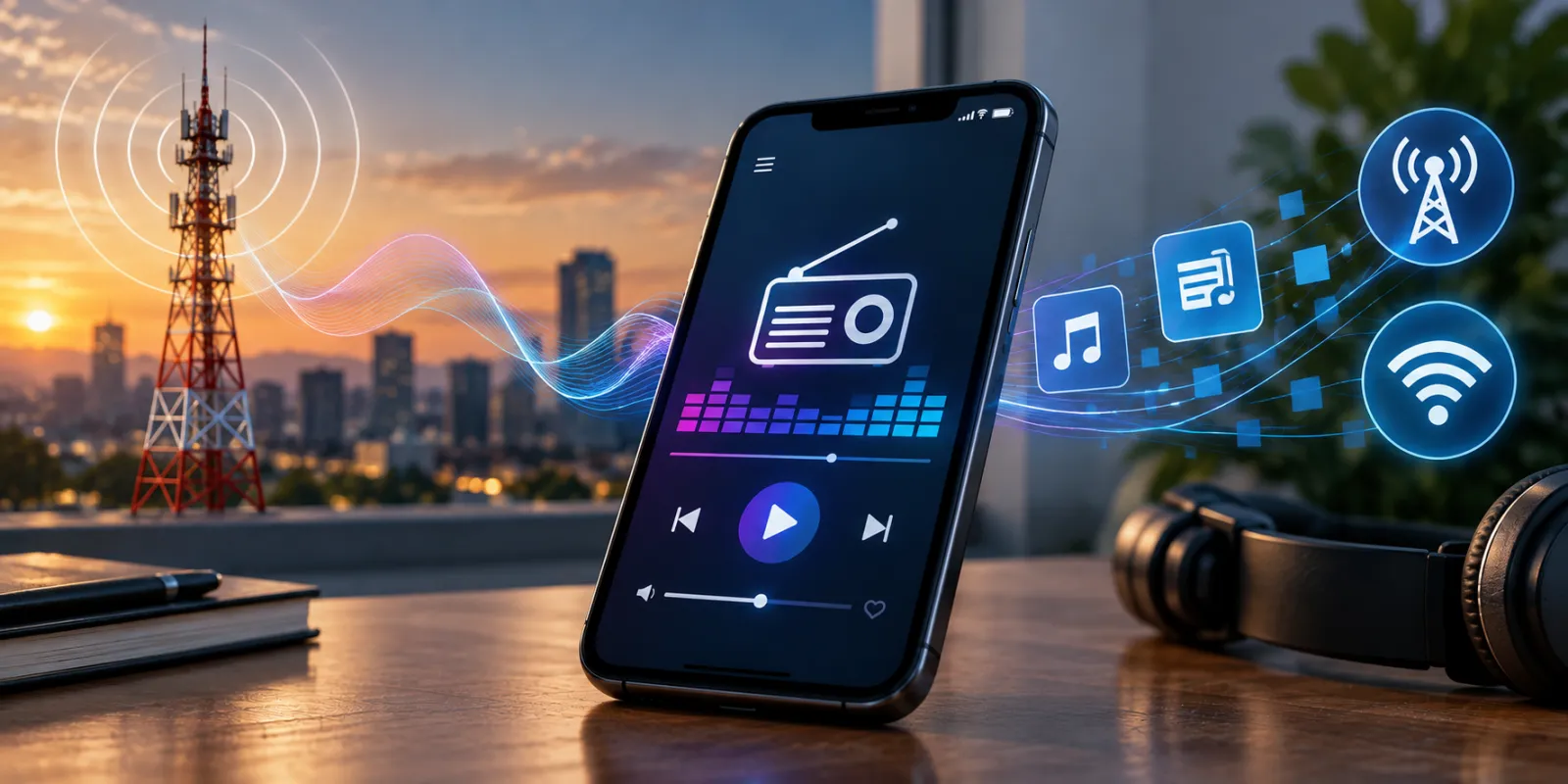 Teléfono reproduciendo radio por Internet mientras muestra el consumo de datos móviles y Wi-Fi