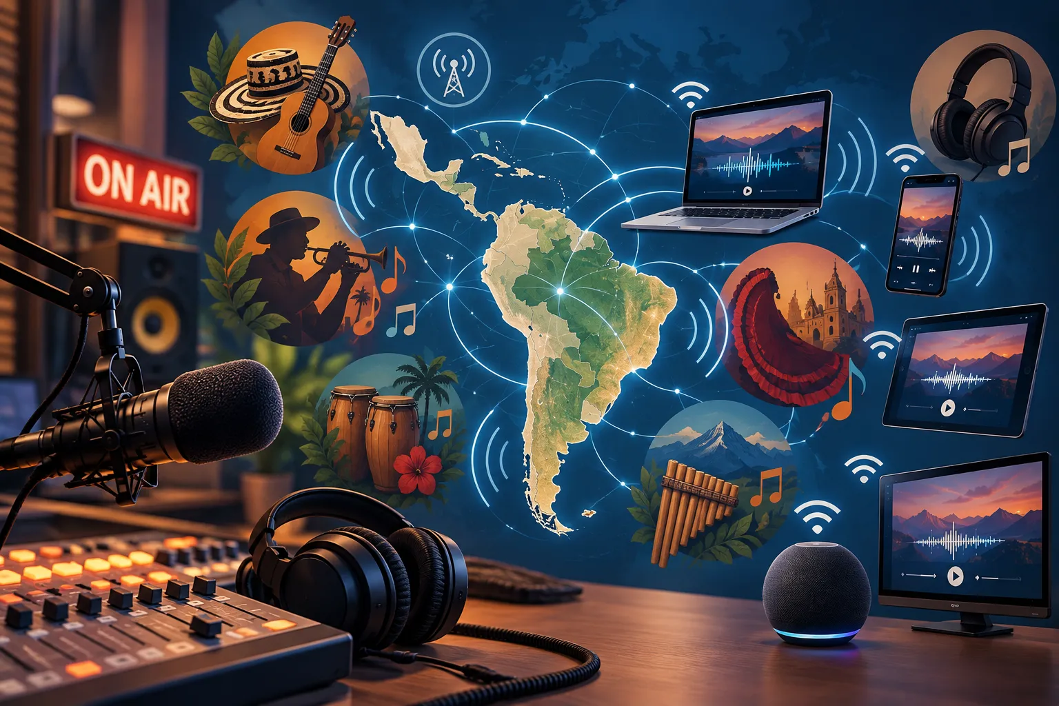 Mapa estilizado de Latinoamérica rodeado de ondas de radio, audífonos y elementos relacionados con distintos estilos musicales.