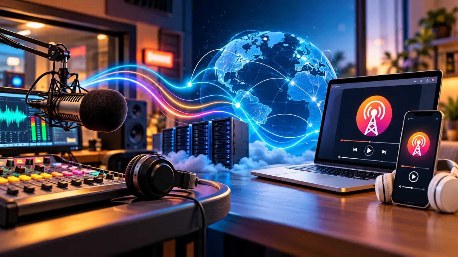 Estudio de radio transmitiendo audio por Internet a computadoras y teléfonos móviles