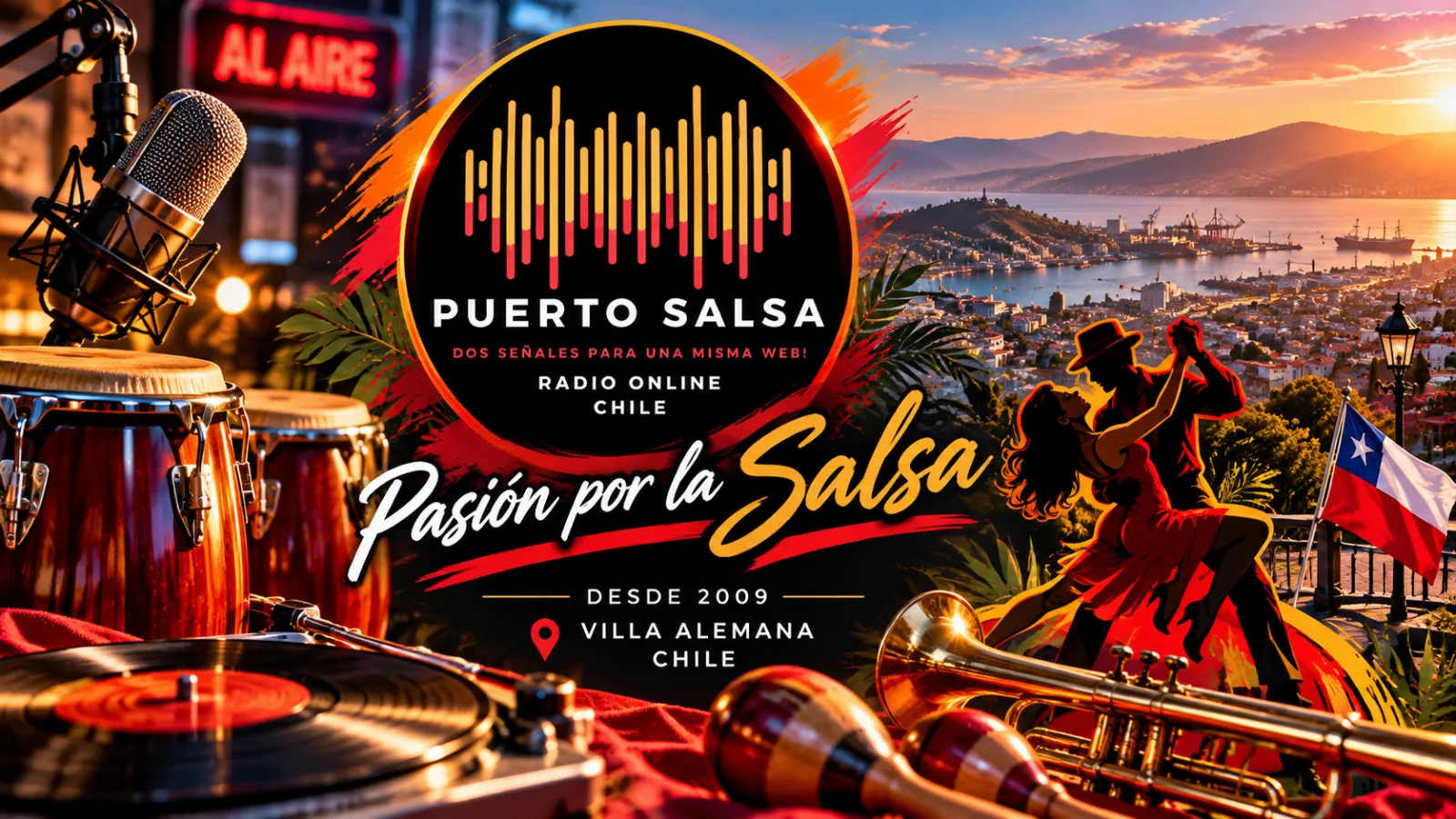 Portada de Puerto Salsa Radio Chile con su logotipo, instrumentos de salsa, bailarines y referencias visuales a Chile. Emisora online de Villa Alemana fundada en 2009.