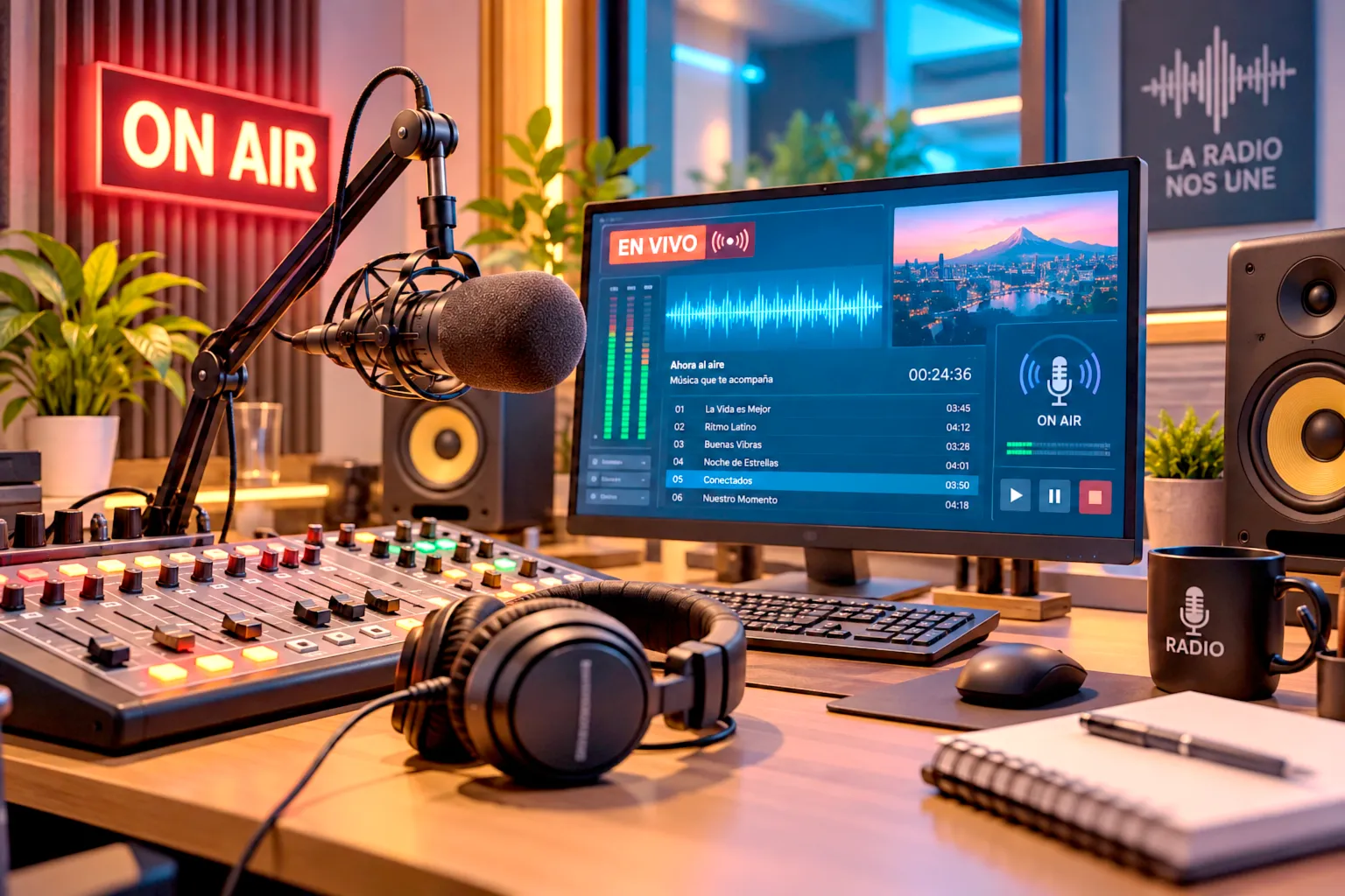 Pequeño estudio de radio moderno con computadora, micrófono, consola de audio y una pantalla mostrando una transmisión en vivo.