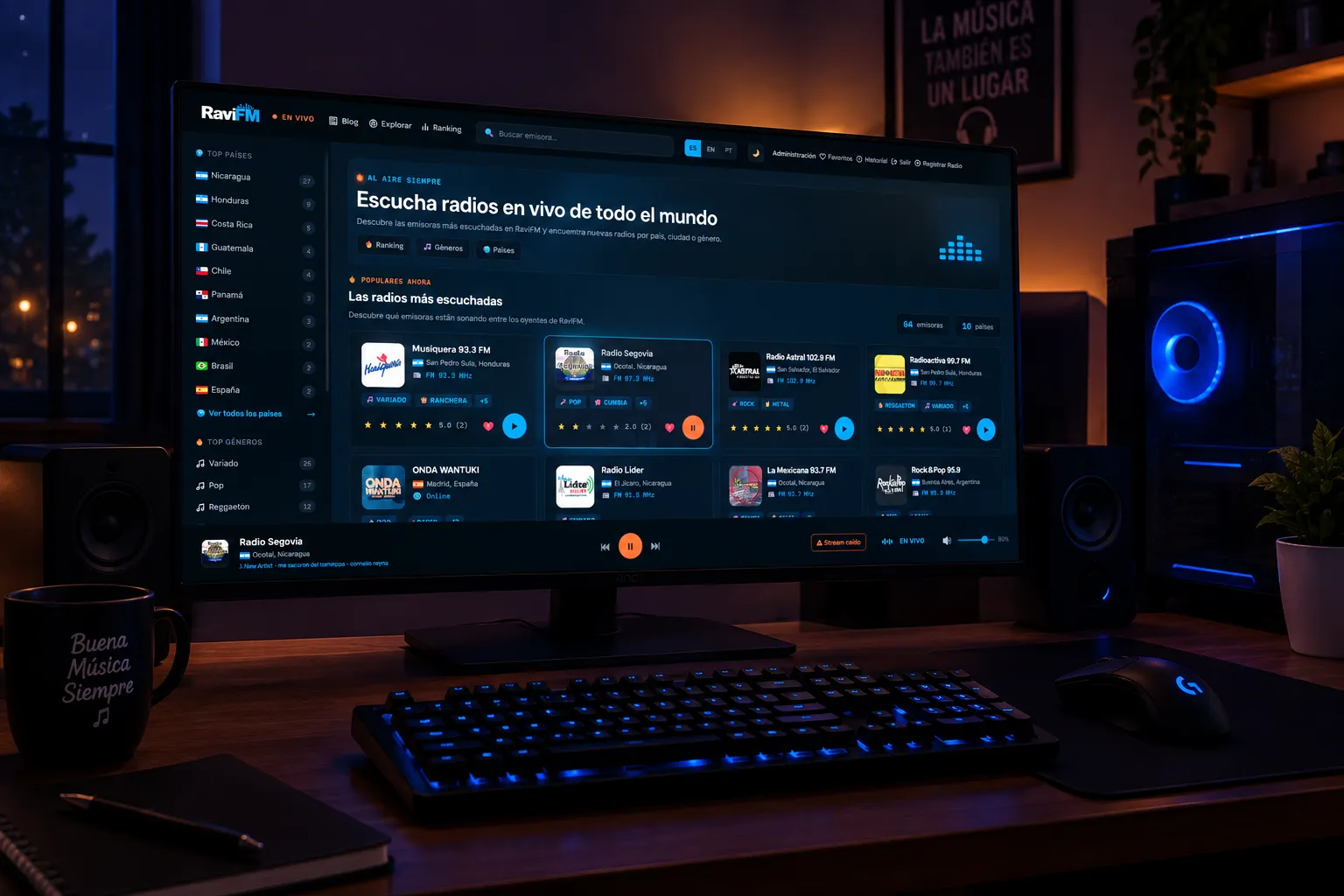Persona descubriendo emisoras de radio online de diferentes países desde una computadora