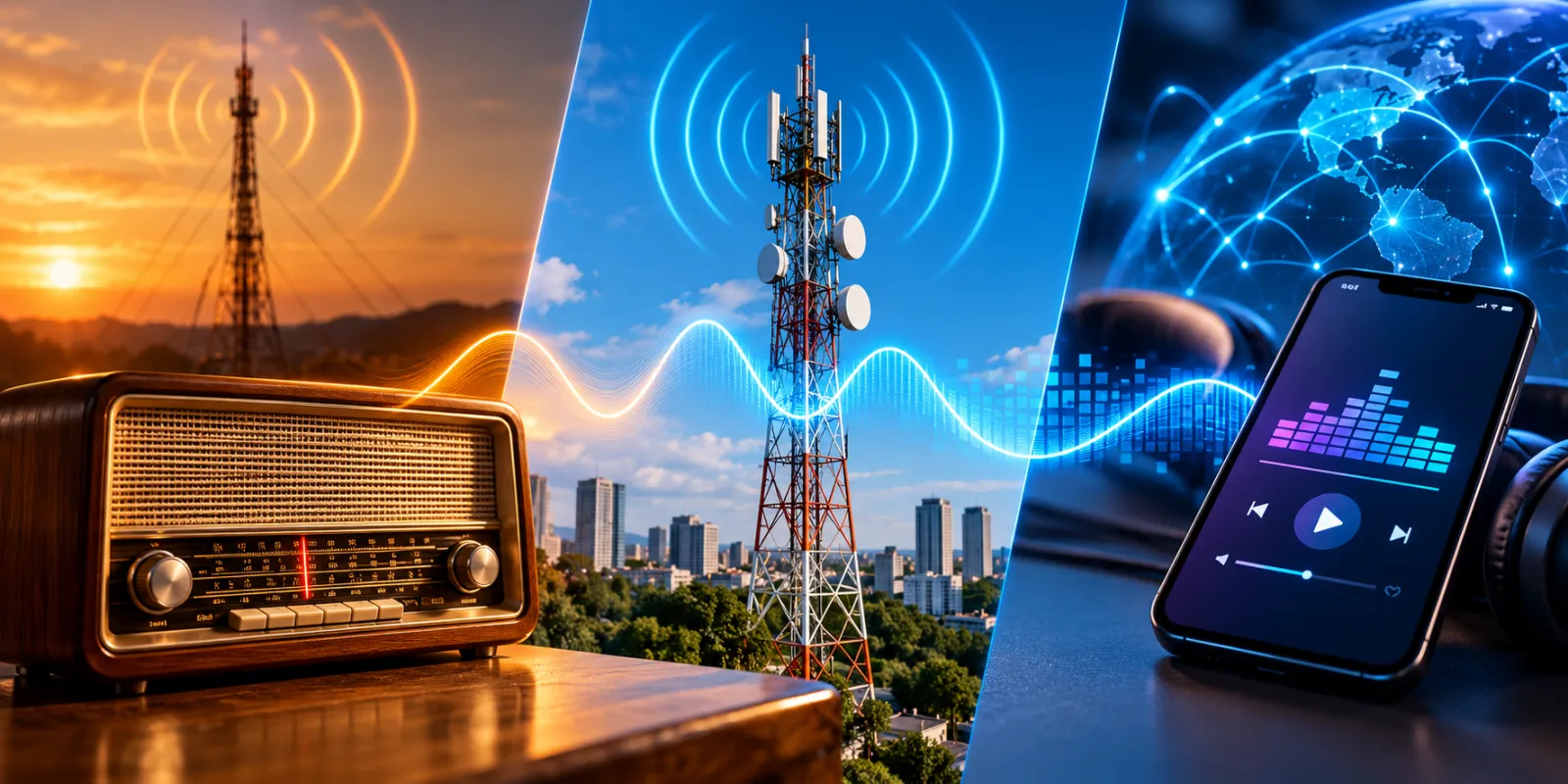 Comparación entre radio AM, FM y radio por Internet mediante radio tradicional, antena y teléfono móvil