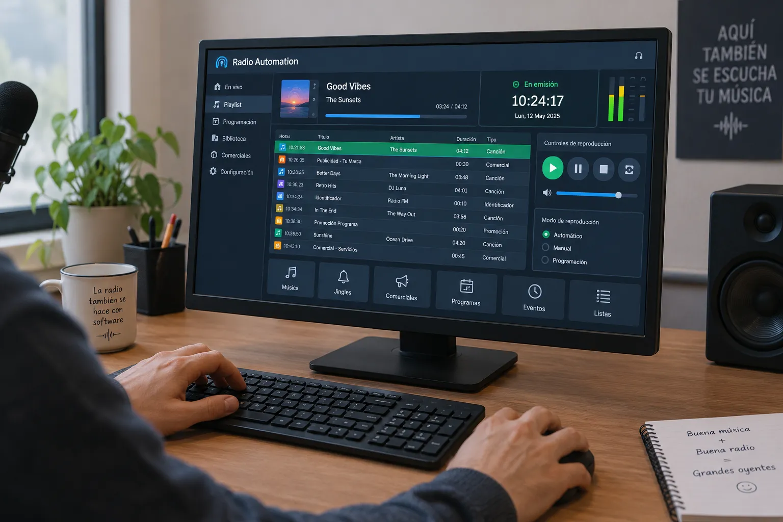 Persona utilizando un automatizador de radio en una computadora de escritorio